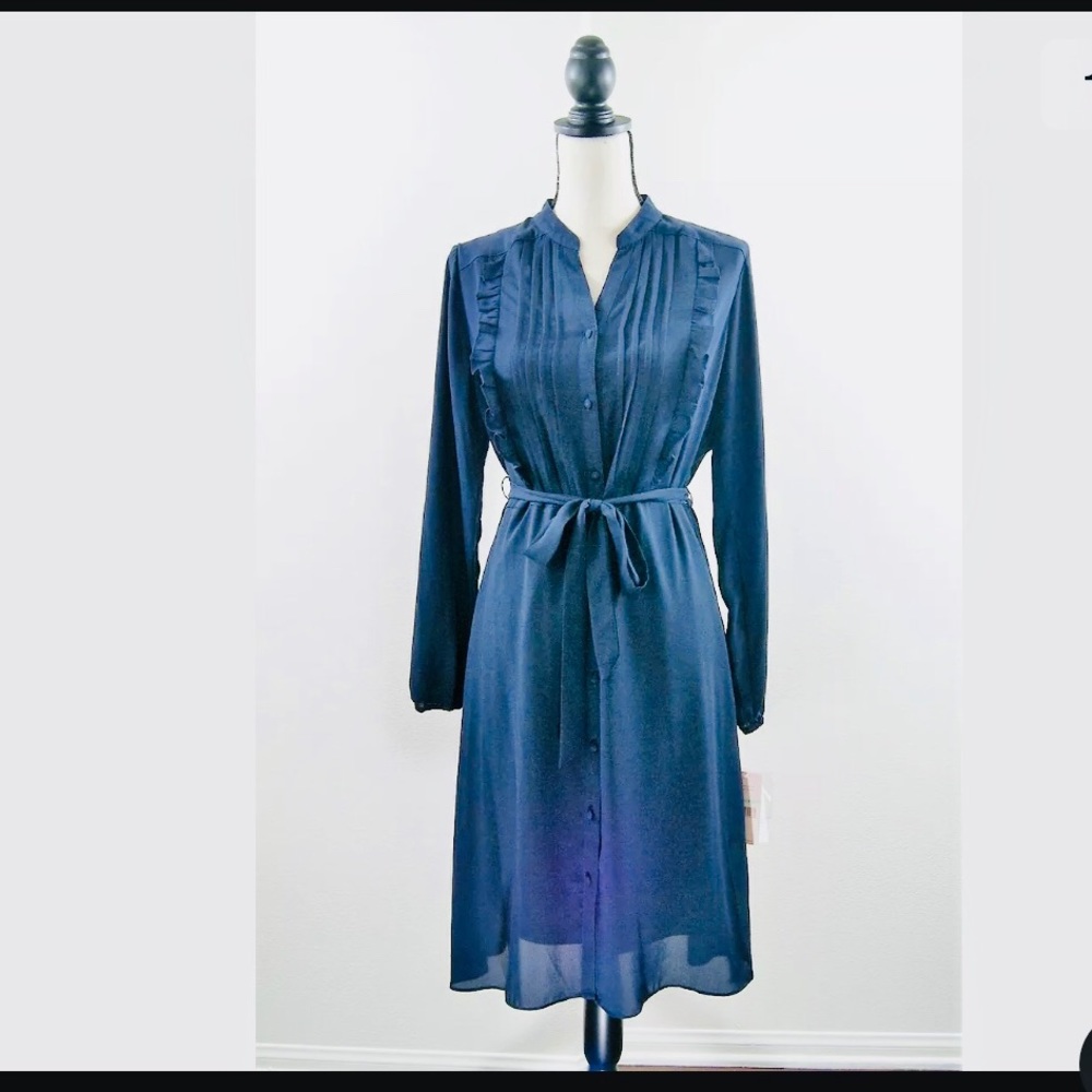 ❌SOLD❌Nanette Lepore Navy Pleated Chiffon Shirt Dress 8
